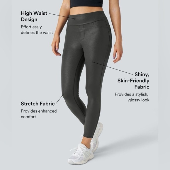 Halara NWT Shiny Black Faux Leather High Waisted Back Side Pocket Leggings XS - Picture 2 of 5